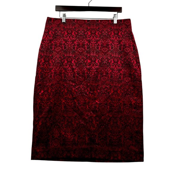 Worthington Cherry Cordial Jacquard Skirt Red Black Brocade Gothic Baroque Sz 16 - Picture 2 of 10